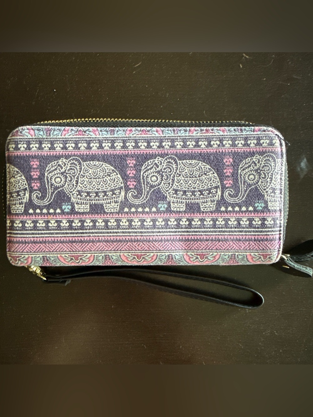 Elephant Print Wristlet Wallet in Purple and Pink Canvas